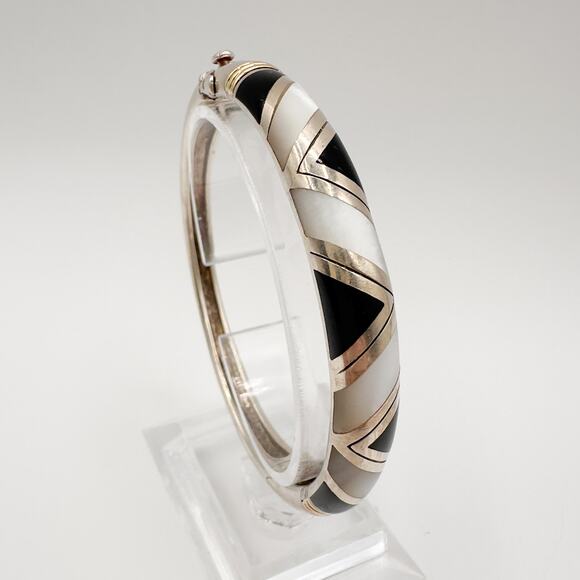 Asch Grossbardt Designer Sterling Silver 18k Gold Bangle w Onyx Moonstone Inlay - Picture 4 of 13